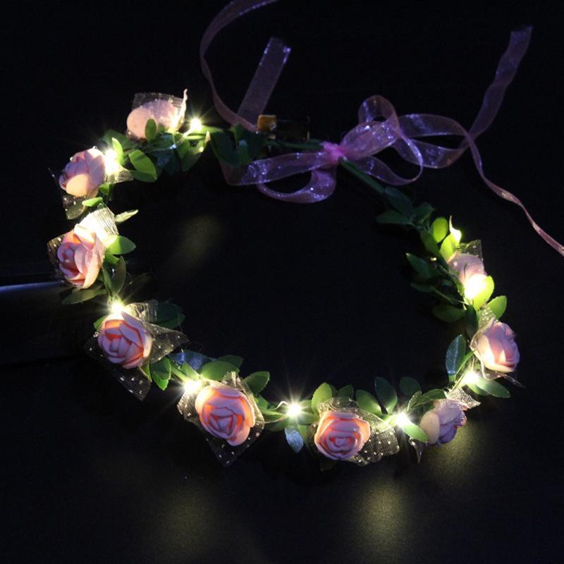 

Women Girls Wedding Party Crown Flower Headband LED Light Hair Wreath Halloween Garlands Glow Birthday Neon Party Christmas Xmas