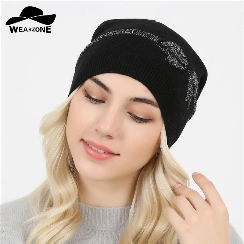 

Female skullies beanies Fall Winter Hat For Women Wool Cap Knit Cord Bow Girl Brand New 20201, White