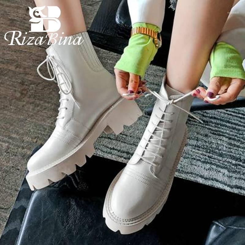 

RIZABINA Short Boots Women Genuine Leather Lace Up Thick Bottom Ankle Boots Fashion Cool Winter Shoes Woman Footwear Size 33-421, Black