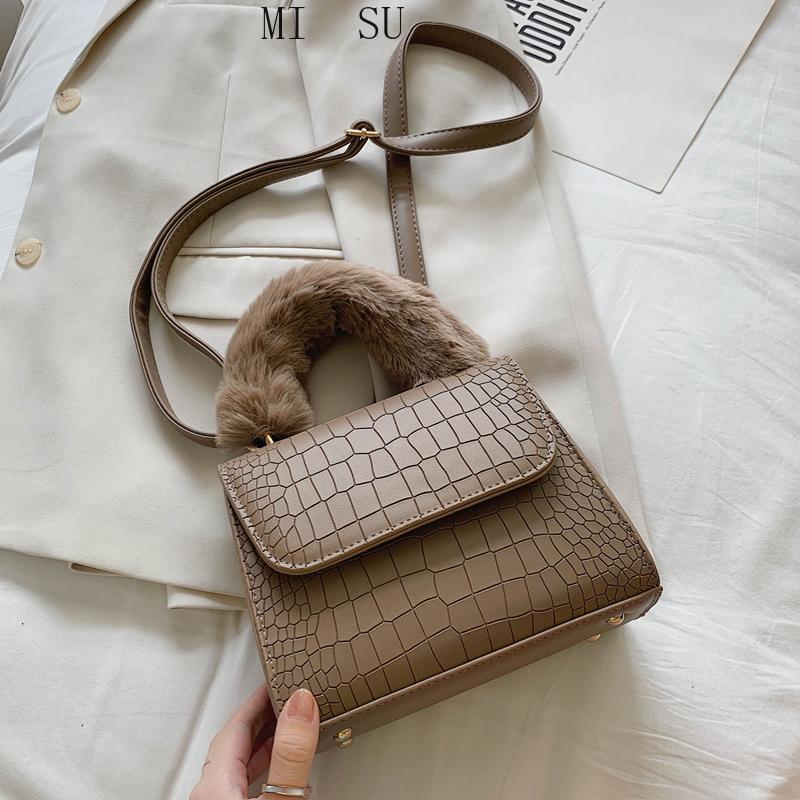 

Faux Fur Handle Tote Bag For Women 2021 Winter Fashion Crossbody Bag PU Leather Mini Vintage Handbags Female Stone Pattern, Blue bag