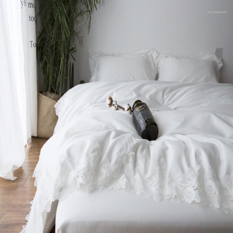 

Solid White Blue color Tencel Silk Duvet cover Bed sheets JPcs Bedding Set King Queen size Fitted sheet set Pillow shams1, Bedding set 1