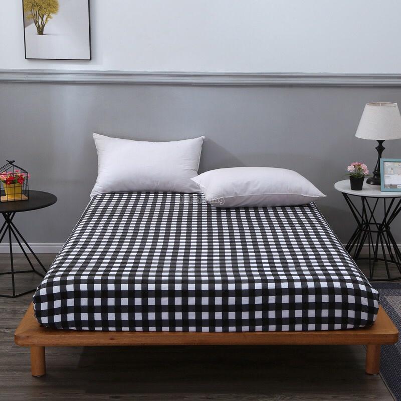 

Modern Black White Plaid Fitted Sheet Polyester Washed Cotton Soft Bed Sheet All Surrounded Rubber Band Striped Simple Sheets, No.3