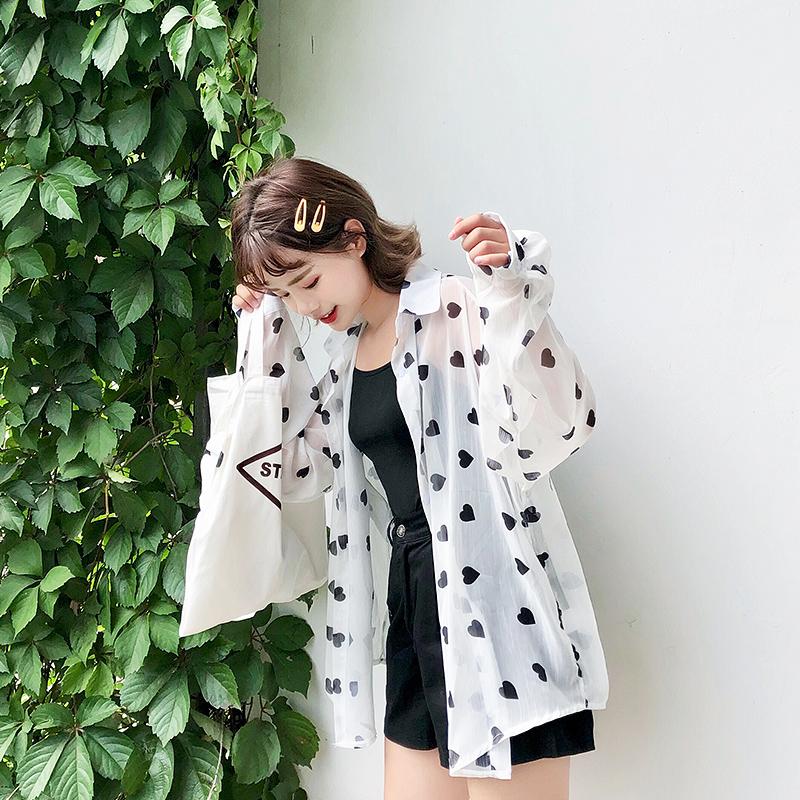 

loose thin perspective chiffon Coats Jackets Women spring summer Korean style Women's Clothing ulzzang long sleeve heart print, White