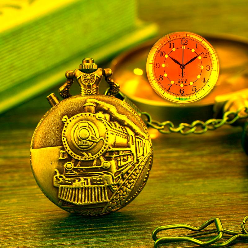 

Pocket Watches Luminous Vintage Locomotive Motor Railway Train Watch Men LED Dial Necklace Chain Quartz Relogio De Bolso, Brown