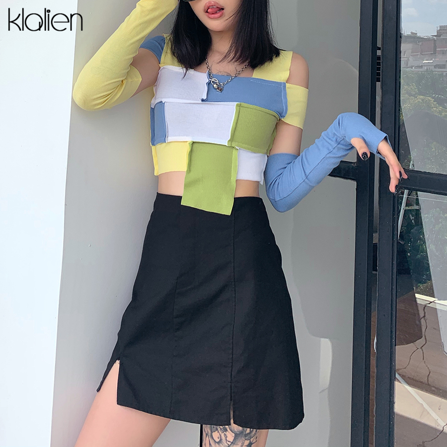 

KLALIEN fashion patchwork rib knitted female t shirt sexy off shoulder long sleeve kpop top women new elastic slim wild tee 201125, Yellow