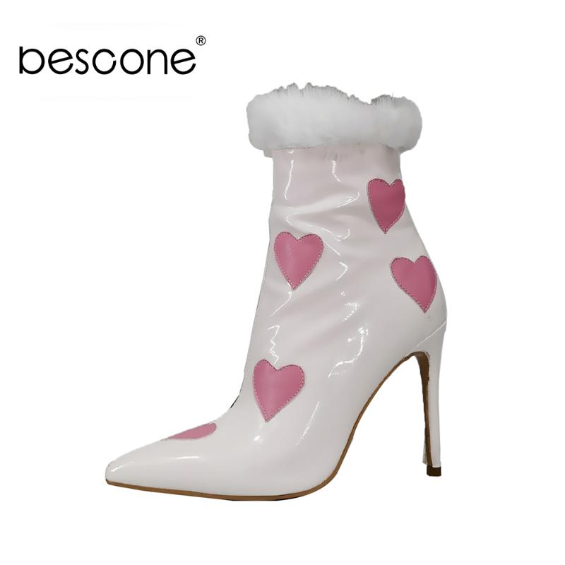 

Bescone Sweet Sexy Ankle Boots Woman Bright Leather Pointed Toe High Thin Heel Heart Shaped Pattern Fur Zipper Boots Shoe BM656, White