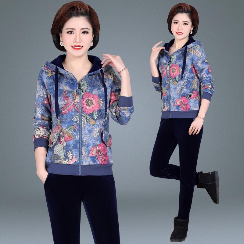 

Mom Autumn and Winter Coat 40-Year-Old 50 Middle-aged Women's Large Size Tops Brushed and Thick Sports Set Middle-aged Two-Piece, Blue