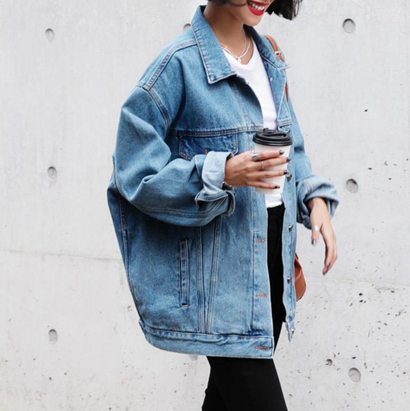 

2020 Autumn winter Streetwear Jackets Women Long Sleeve Denim Outerwear Pockets Casual Loose Jean Coat jaqueta feminina ED, Sky blue