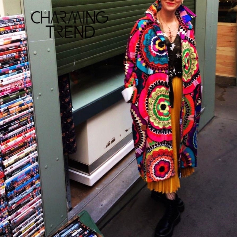 

Women Coat Flower Printed Long Sleeve Winter Jacket Ladies Woolen Outwear Vintage Casual Chic Ethnic Style Female Coat 201104, Flower print coat