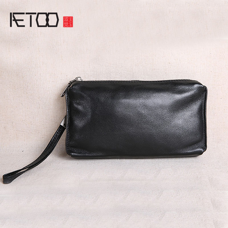 

HBP AETOO Men's Clutch Bag Men's Leather Large Capacity Retro Casual Top Layer Cowhide Long Wallet Soft Leather Phone Case, Black
