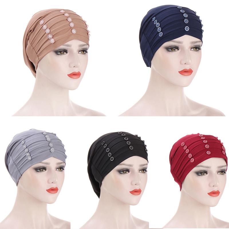 

2020 New Fashion Solid Cotton Turban Bonnet Caps Head Scarf Hat For Muslim Women Pearl Inner Femme Musulman Wrap Turbantes, Style 1