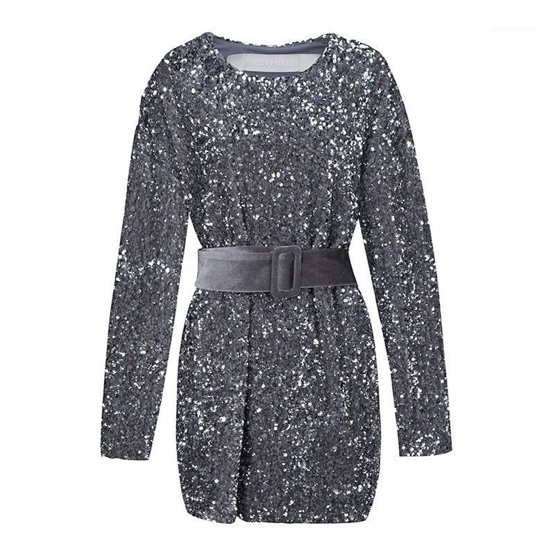 

Gray V-neck Long Sleeve Empire Sequined Mini A-line Dress Female Sashed Women Spring Christmas Party BlingBling D30261