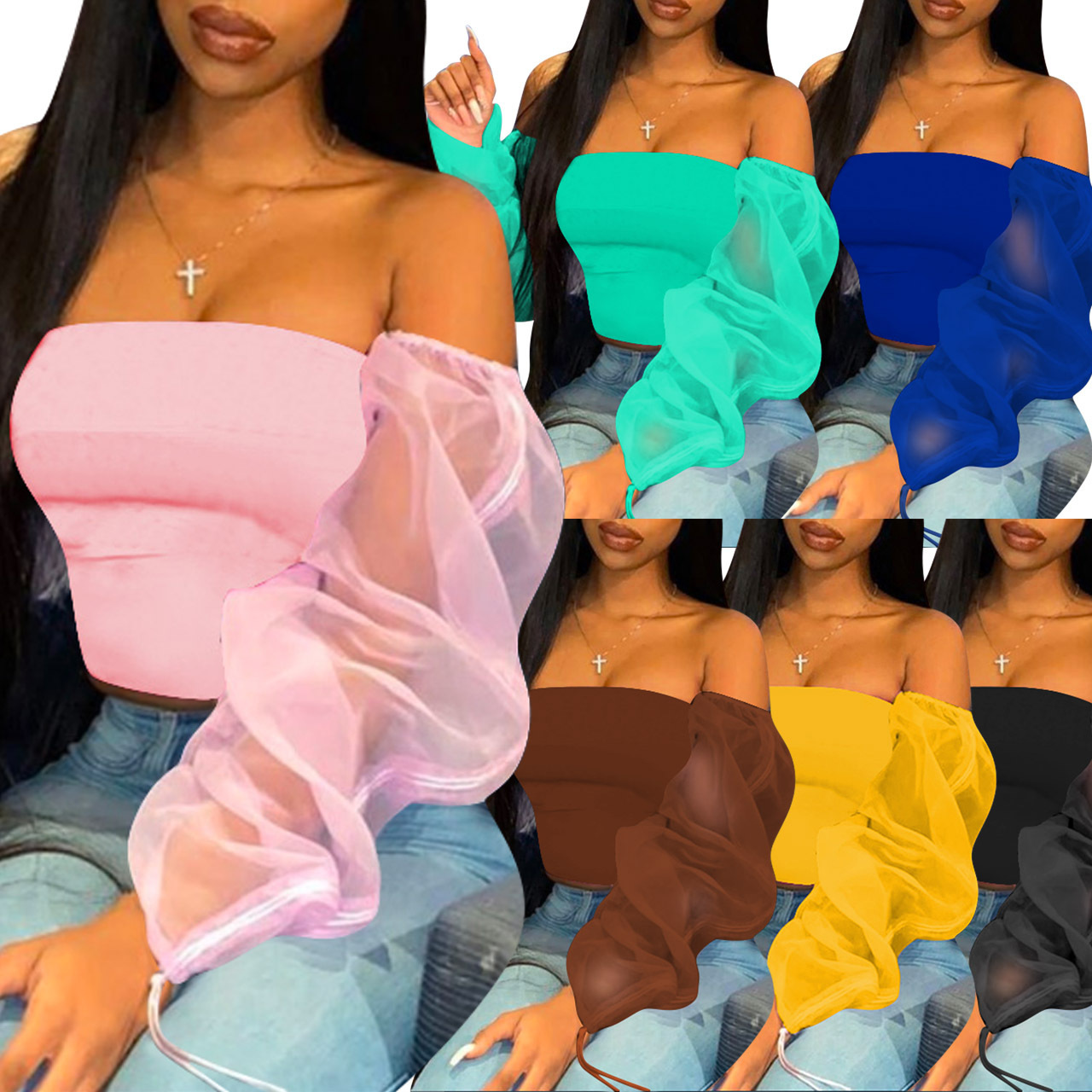 

New Women Long Sleeve T-Shirt Strapless One-Neck Bodycon Cropped Top Shirt Sexy See Through Mesh Party Streetwear, White