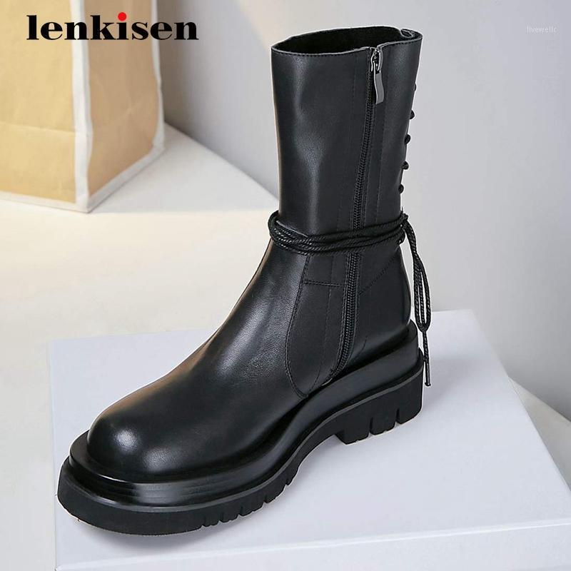

Lenkisen personality fashion real leather european style cross-tied round toe high heel zipper brand basic mid-calf boots L3f81, Black