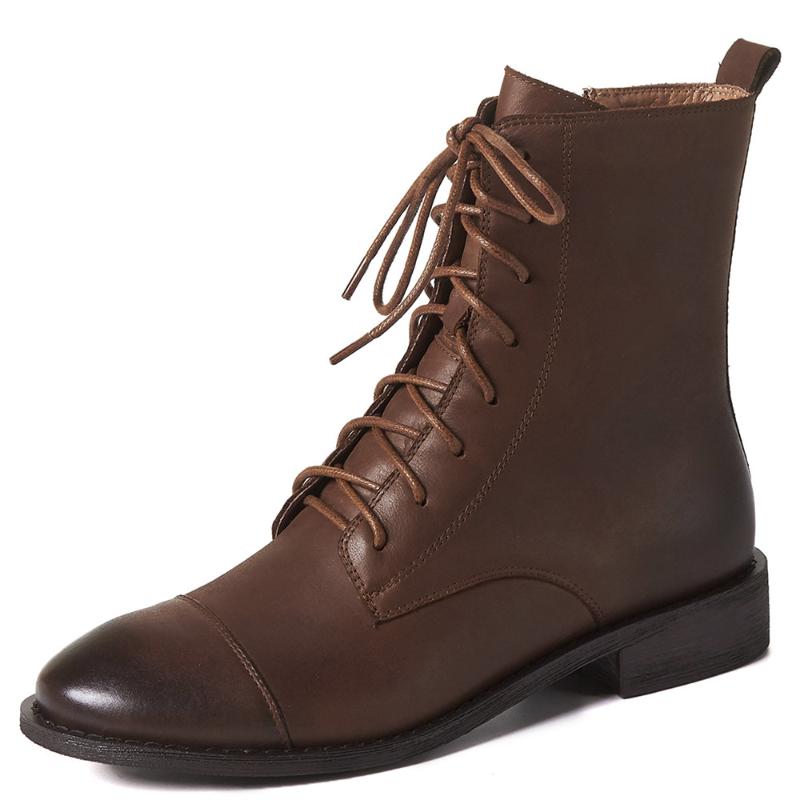 

Women's genuine leather lace-up flats ankle boots round toe gradient color autumn warm plush short motorcycle boots rero shoes, Black