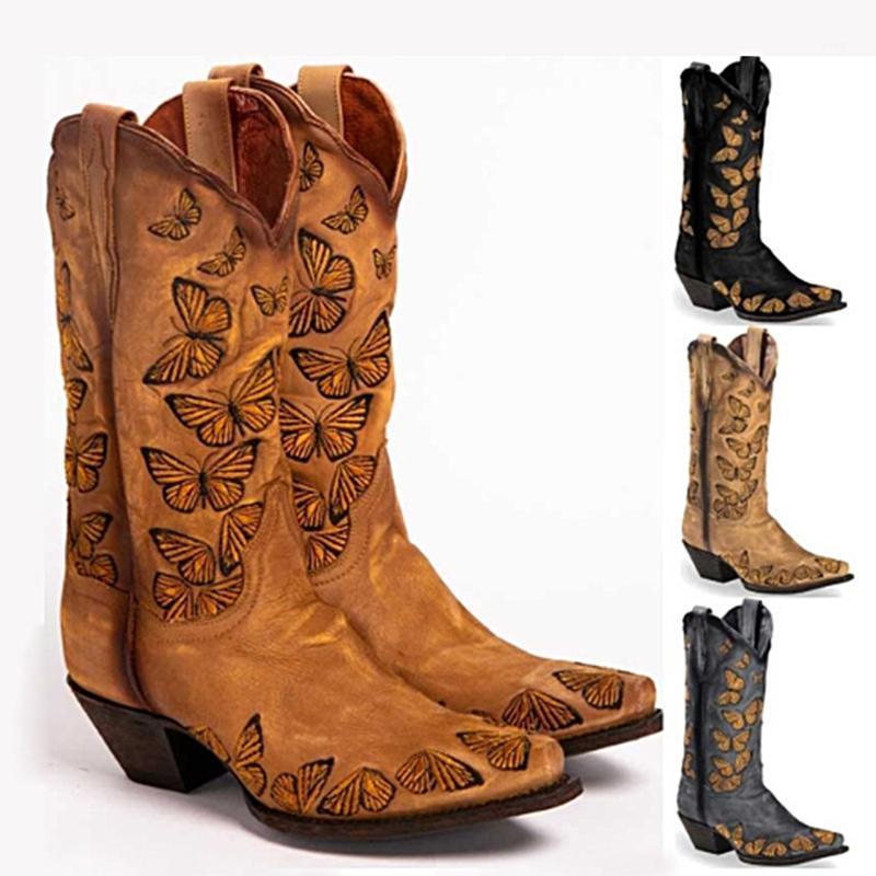 

Ladies Fashion Butterfly Embroidered Mid-heel Boots Casual Square Toe Thick Heel Boots Women Knee High Long Boots#1, Black