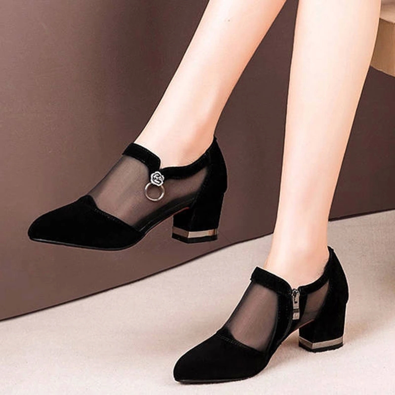 

Plus Size 35-43 Women Dress Shoes Pointed Toe Sandals Boot Summer Mesh Bare boots High Heels Zip Black Pumps zapatos mujer 8091N #fm4T