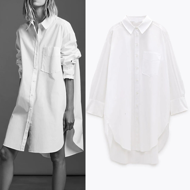 

2021 New Oversized White Shirt Women Autumn Sleeve Collared Button Up Long Shirts Ladies Asymmetric Hem Casual Tops 5d7u