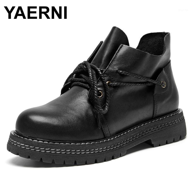 

YAERNI New Arrival Handmade Genuine Leather Boots Women Ankle Boots Autumn Thick Heel Motorcycle Female Footwear1, Black