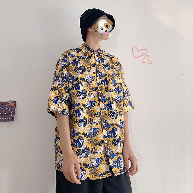 

2020 Summer New Youth Popular Couple Personality Printed Loose Single-breasted Short-sleeved Floral Shirt Fashion Casual Top, Blue