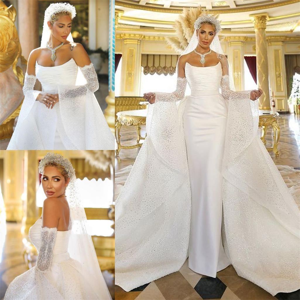 strapless satin mermaid wedding dresses with detachable train plus size bridal gowns designer wedding dress