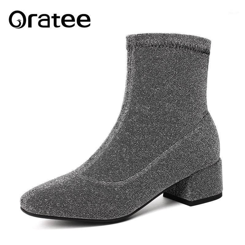 

New Fashion Winter Ankle Elastic Sock Boots silver Chunky 4CM med Heels Stretch Women Sexy Booties Women Pumps Botas1, Silver (autumn)