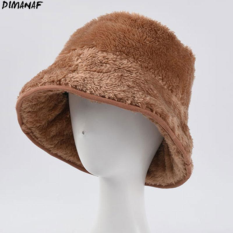

DIMANAF 2020 Winter Bucket Hat Women Fashion Fur Warm Female Cap Snow Thick Wool Ski Cap Outdoor Wide Brim Foldable Hat, White
