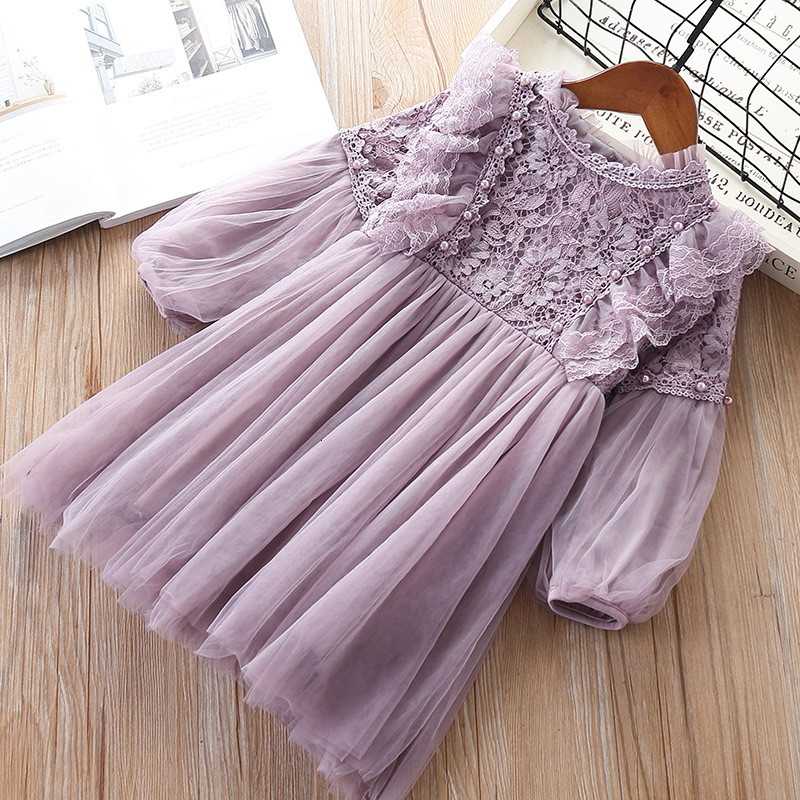 

2021 New Girl Es Lantern Sleeve Party Princess Spring Kids Lace Children with Pearls Purple and White 3-7t Tyrm, Beige