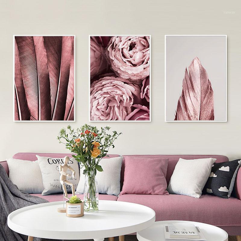 

Fashion Poster Flower Canvas Painting Pink Rose Life Wall Art Print Feather Modern Picture For Living Room On The Wall Home Deco1