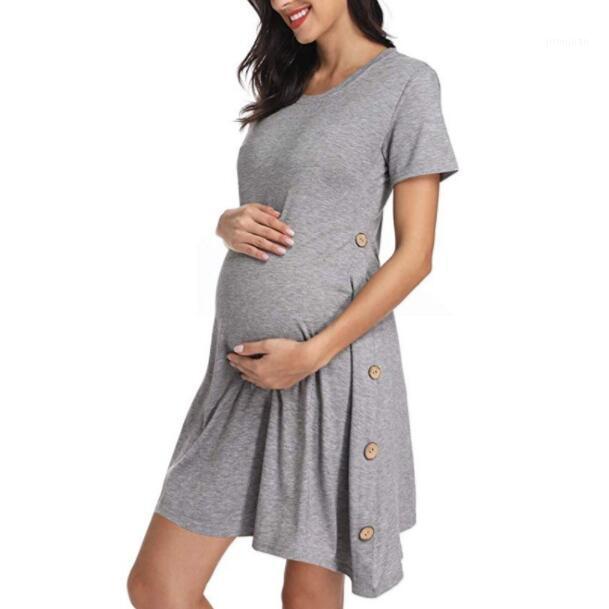 

Maternity dress Hot new maternity dresses with short sleeve button Solid color dress summer women dress1, Blue
