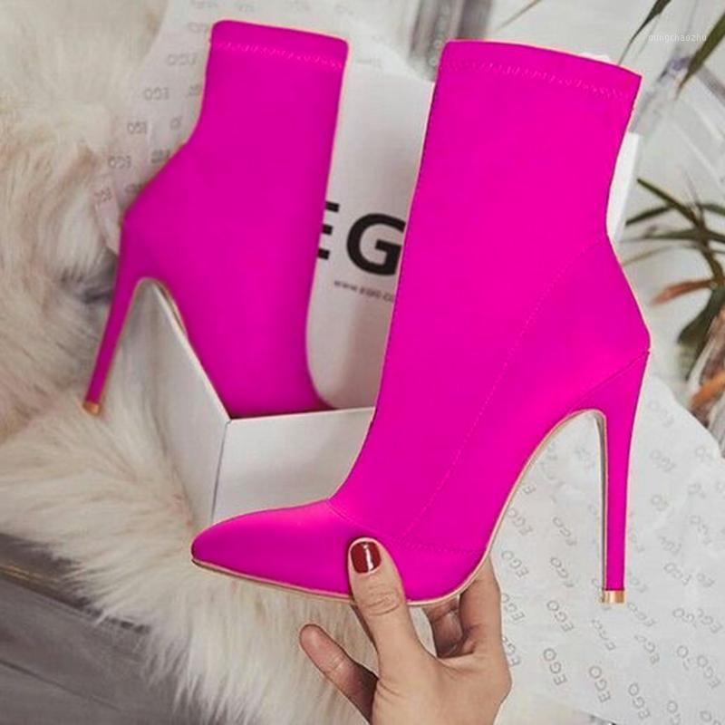 

2020 Plus Size Women Fetish Silk Sock Boots 11.5cm High Heels Stretch Stiletto Stripper Heels Red Neon Green Ankle Boots Shoes1