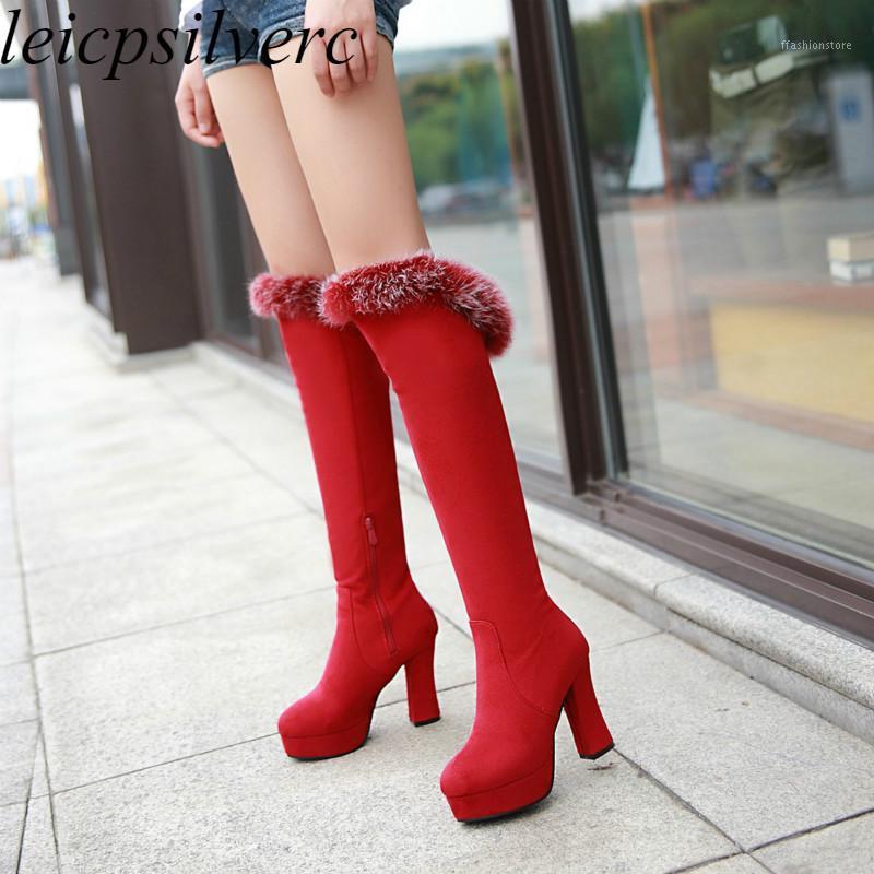 

Women's Boots Autumn Winter Hair Super High Heel Zip Flock Sexy Fashion Knee-high Platform Round Toe Motorcycle Red Black1, Black
