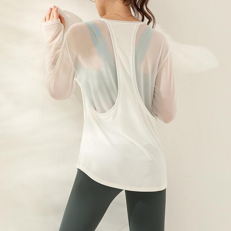 

Breathable Net Yarn Long Sleeve Sports Shirt Solid Women Yoga Top Fitness Gym Sportswear Workout Loose Running Wear, Black