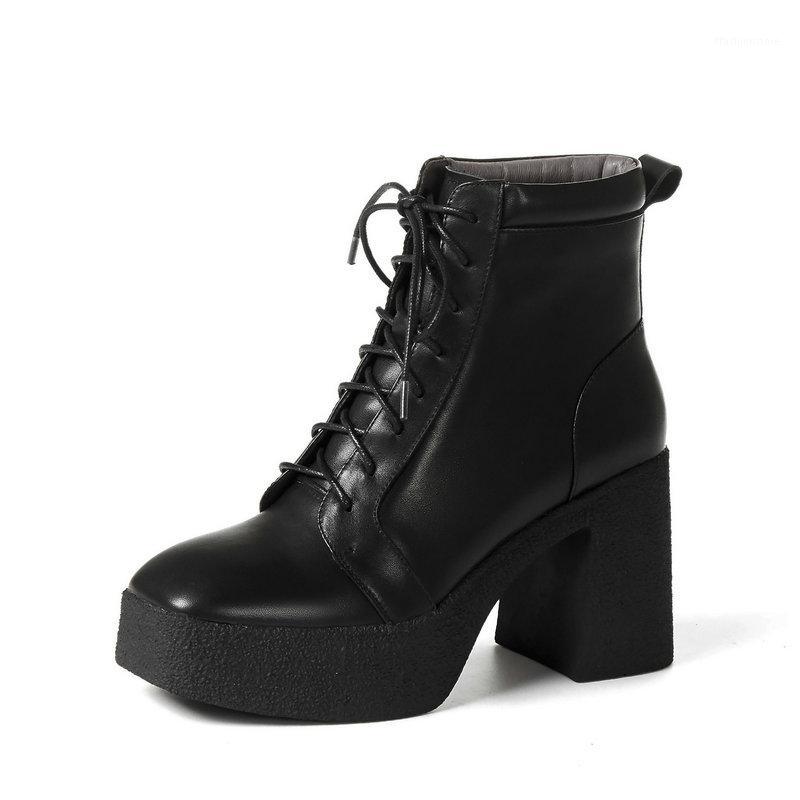 

Elegant Genuine Leather Women Ankle Boots 2020 Autumn Winter Platform Thick High Heels Pumps Working Basic Shoes Woman1, Black