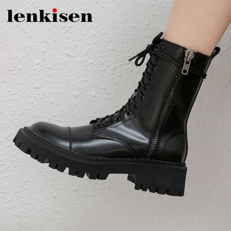 

Lenkisen genuine leather round toe thick bottom riding boots British style young lady streetwear fashion zip mid-calf boots L31, Black