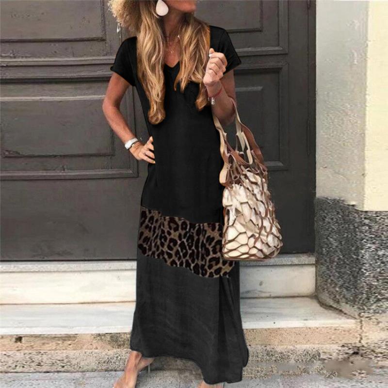

Leopard Patchwork Summer Long Dress Women Casual Loose V-Neck Short Sleeve Long Maxi Dress Bohemian Vintage Party, Gray