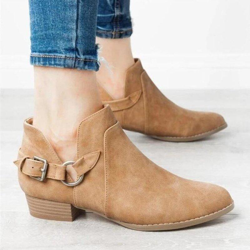 

Spring/Autumn Flock Women Ankle Short Boots Handmade Sewing Buckle Strap Decoration Low Square Heel Casual Retro Shoes Ladies1, Brown