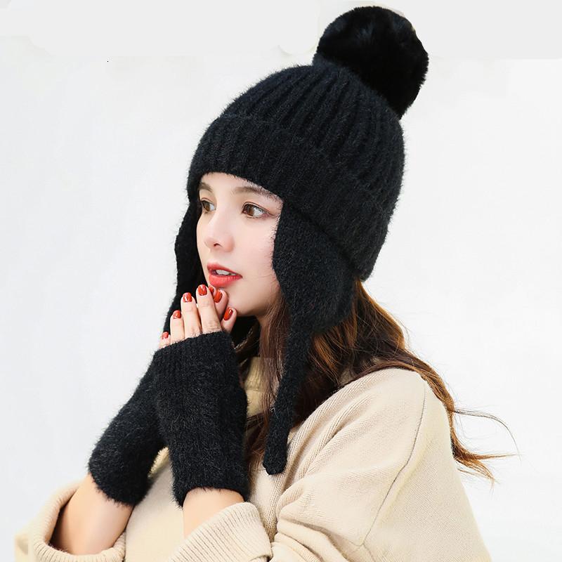 

Simple Warm Ski Brand Fur Pom Poms Warm Gloves + knit hat set Winter Women Wool Beanie Hat thick Skullies Female Cap, 01