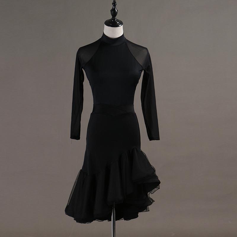 

Latin Dance skirt and blouse set slanted hem Skew Yarn backless long sleeve, Black suit