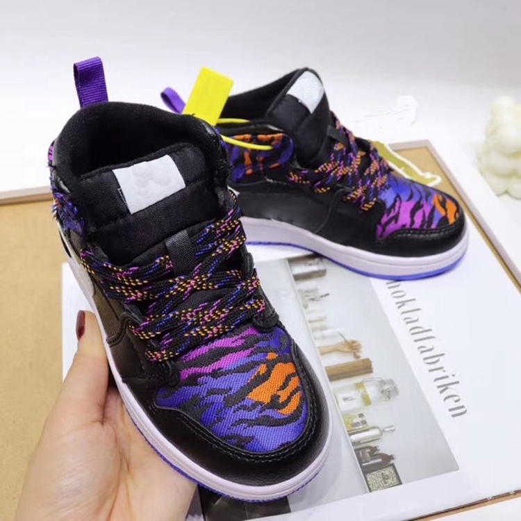 

Chicago Kids J1 Mid Basketball Shoes What the Tiger Print Children Boy Girls Trainers Orange black Sport Shoes size 27-35