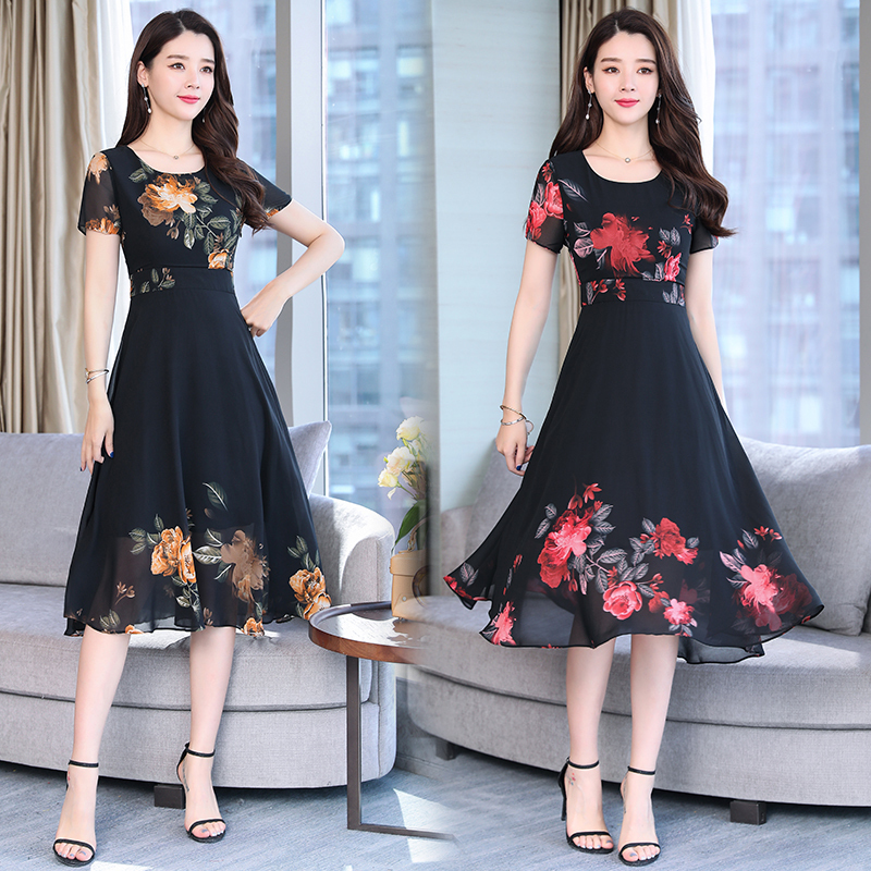 

2021 New Summer Silk for Elegant Female Midi Floral Size Big Party Girls Dress Mujer 127 # Kj2122 Q9ft, Black red flower.