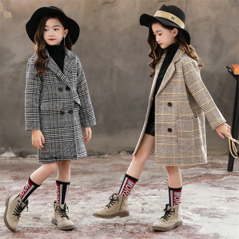 

Winter Girls Cotton Long Jackets Kid's Outerwear Clothes Toddler Children Clothes Casual Turn-down Collar Plaid Woolen Coat 201216, Black