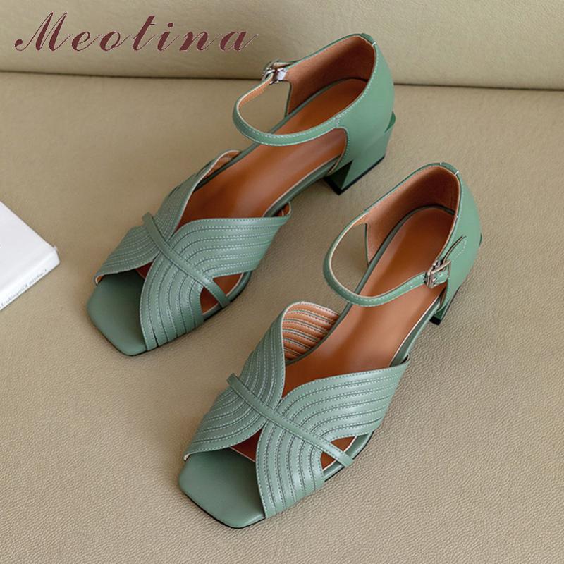 

Meotina Summer Sandals Shoes Women Natural Genuine Leather Thick Heel Ankle Strap Shoes Real Leather Buckle Sandals Ladies 33-40, Beige