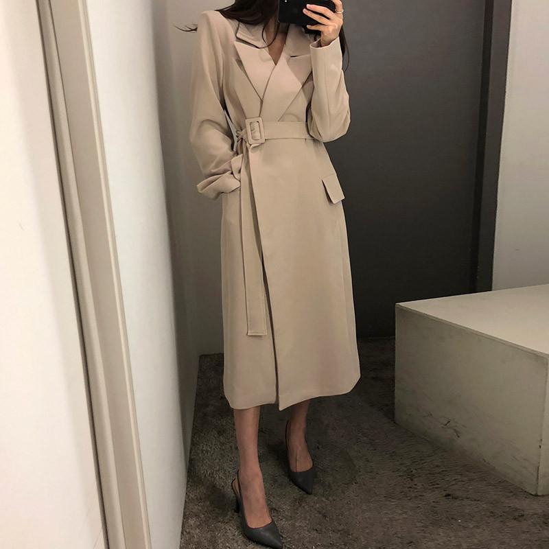 

Women Spring Autumn New Fashion Autumn Winter Simple Retro Lapel Long Section With Sashes Long Sleeve Windbreaker, Beige