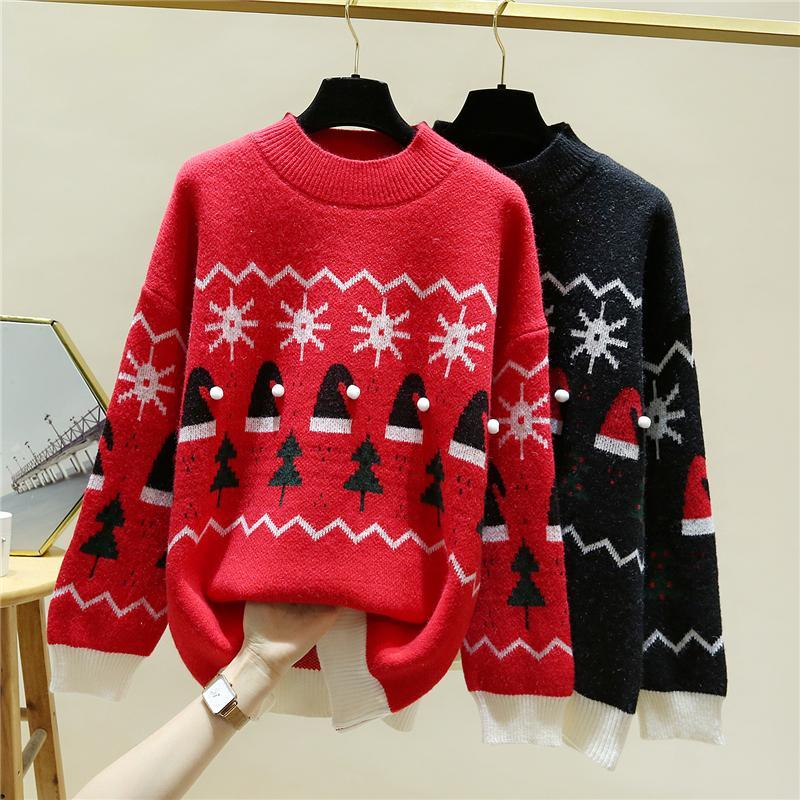 

Winter Snowflake Sweaters 2020 Christmas Sweater Long Tops Soft Pull Jumpers Thick Warm Knit Sweaters Red Snowwear 2020, Black