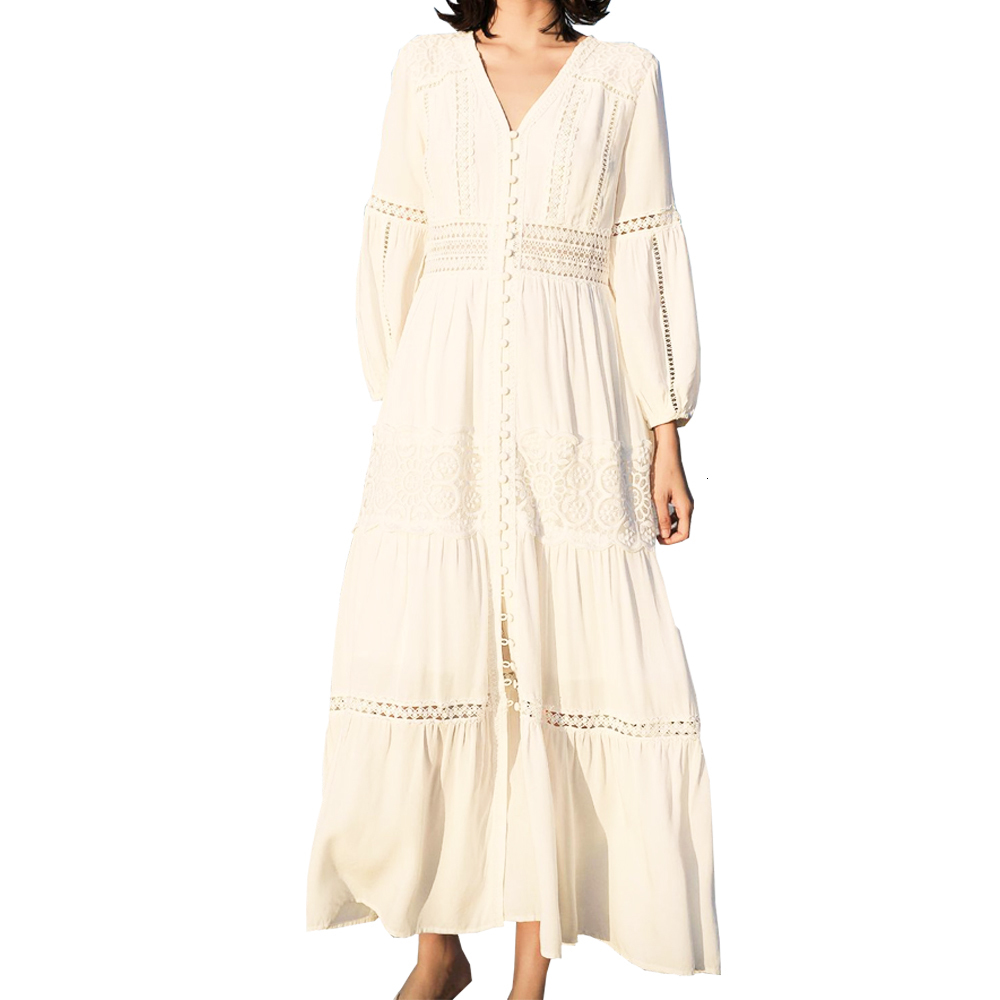 

New 2021 Fashion Summer Boho Maxi Lace Hollow Out Design V-neck Women High Waist Long Vestidos Z6ob, Short sleeve