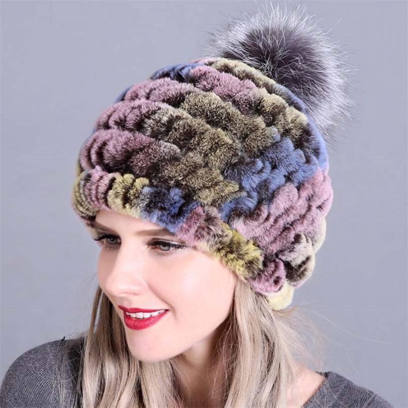 

Beanies Real Fur Skullies Female Genuine Cap Russian Winter Knitted Hat Women
