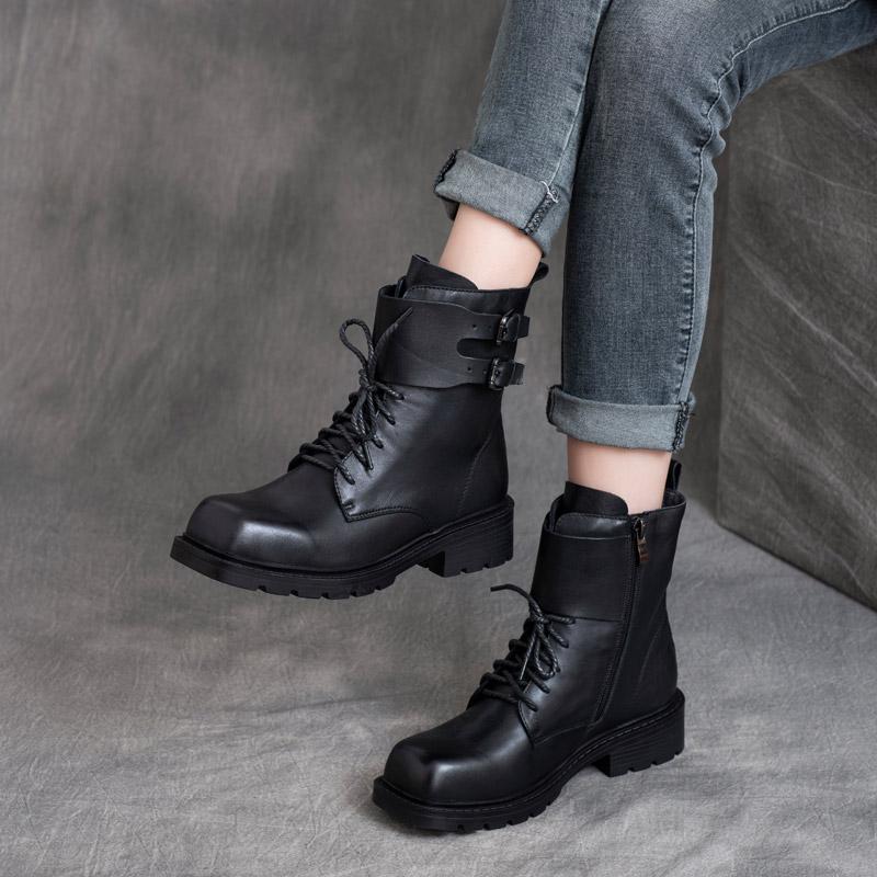 

Ankle Boots Women Leather 100Martins Boots Autumn Shoes For Women Low Heels Black Handmade Genuine Leather Soft Boot Brand