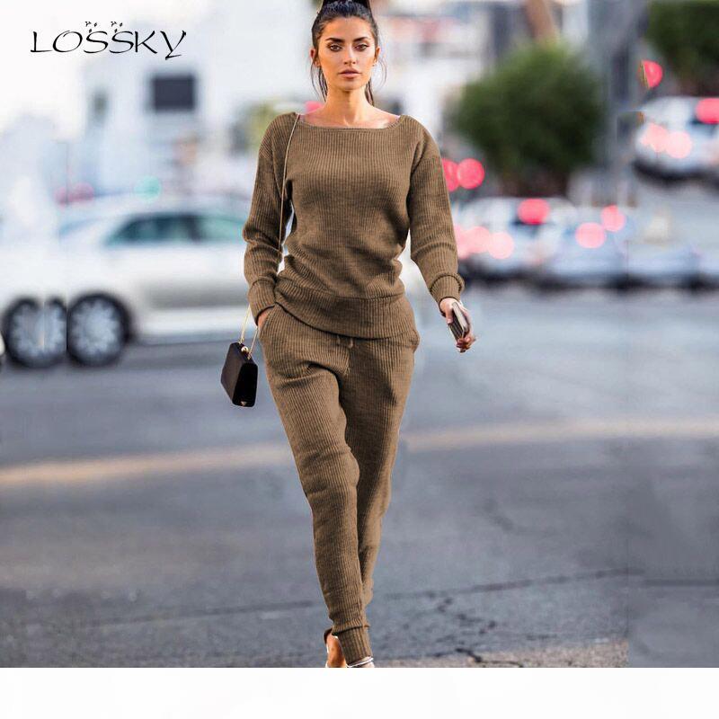 

Lossky Two Piece Sets Casual Solid Knitted Clothing Top+Lace-up Pant Women Fashion Autumn Winter Long Sleeve Outfits Lounge Wear, Army green