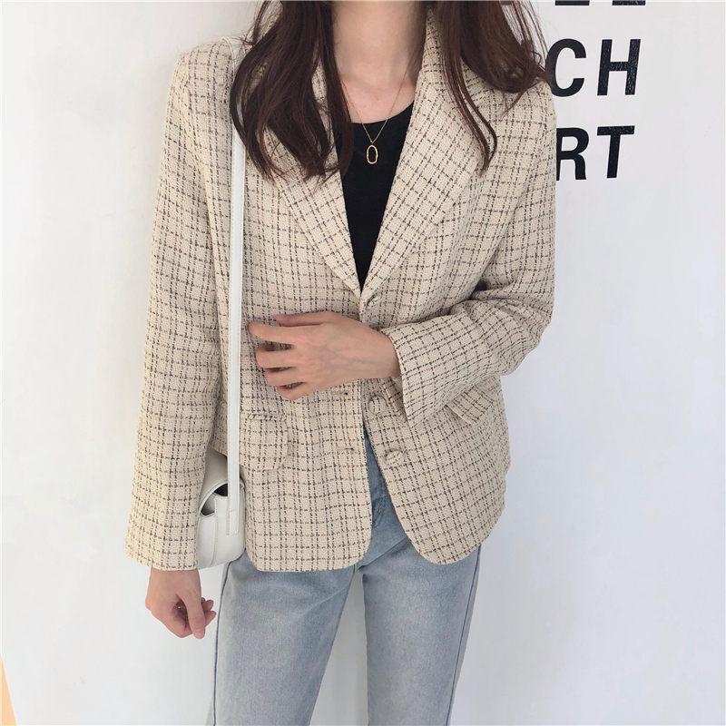 

HziriP Retro Women Apricot Elegant Plaid New Loose High Street Sweet Office Lady 2020 Vintage Full Sleeves Fashion Blazers, Photo color